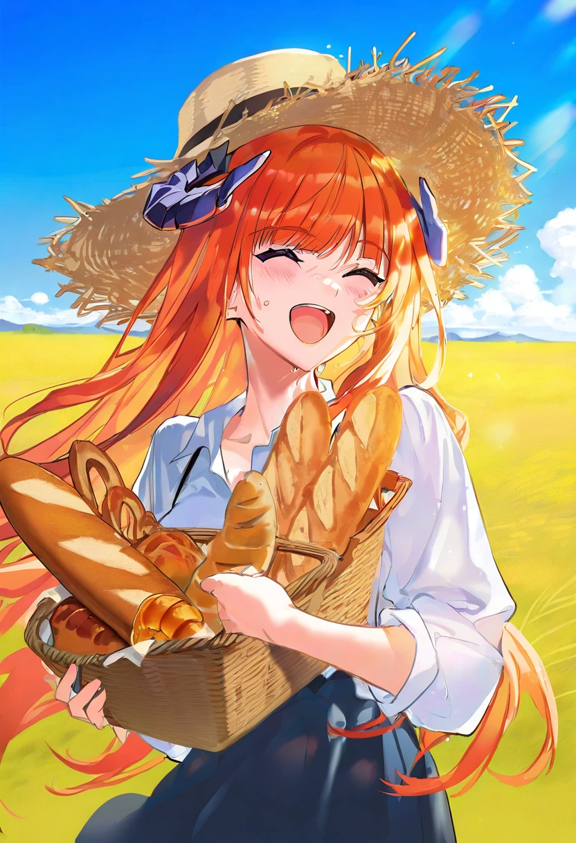 [airtist:atdan],[yoneyama mai], - 1girl,bagpipe \(arknights\),arknights,baguette,blush,bread,croissant,holding basket,pretzel,upper body,straw hat,field,sky,laughing,sweat,sunlight,