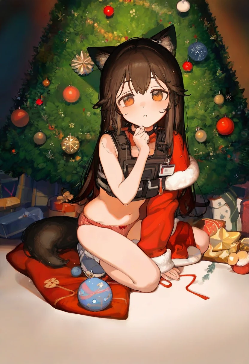 ((toddler)),henreader,ciloranko,[sho \(sho lwlw\)],[[tianliang duohe fangdongye]], - 1girl,texas \(arknights\),arknights,underwear,tactical vest,christmas tree,christmas ornaments,