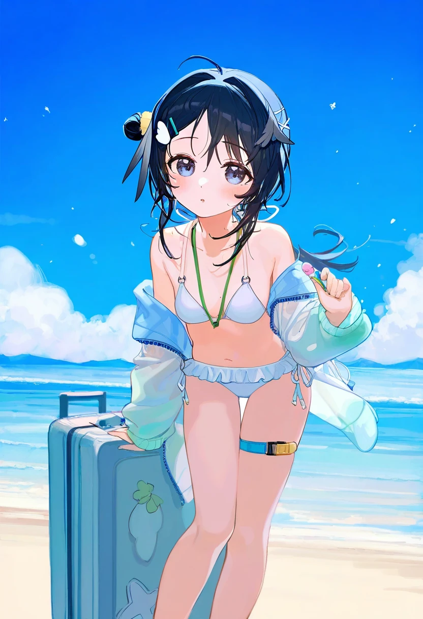 ((toddler)),henreader,ciloranko,[sho \(sho lwlw\)],[[tianliang duohe fangdongye]], - 1girl,la pluma \(summer flowers\) \(arknights\),arknights,white bikini,outdoors,navel,day,sky,blue sky,beach,suitcase,looking at viewer,ocean,low-tied long hair,leaning forward,standing,holding,frills,hand up,bare shoulders,floating hair,