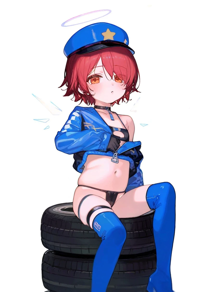 ((toddler)),henreader,ciloranko,[sho \(sho lwlw\)],[[tianliang duohe fangdongye]], - 1girl,exusiai \(arknights\),arknights,black gloves,black panties,blue thigh boots,blue hat,blue jacket,long sleeves,race queen,thigh strap,thong,single bare shoulder,skindentation,tire,