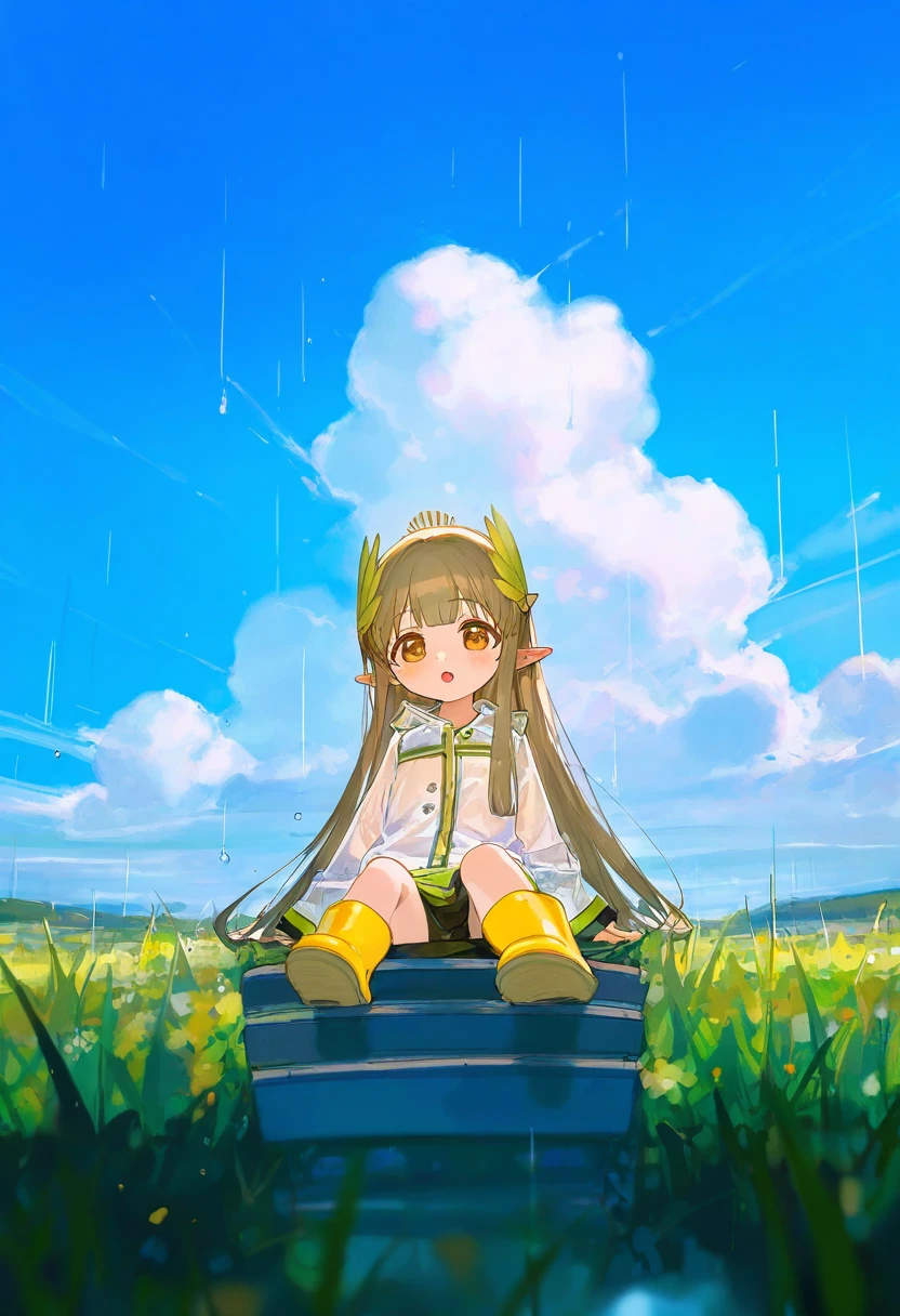 ((toddler)),henreader,ciloranko,[sho \(sho lwlw\)],[[tianliang duohe fangdongye]], - 1girl,muelsyse \(arknights\),arknights,cloudy sky,grass,on bench,outdoors,rain,road,yellow rubber boots,see-through coat,sitting,transparent raincoat,water drop,