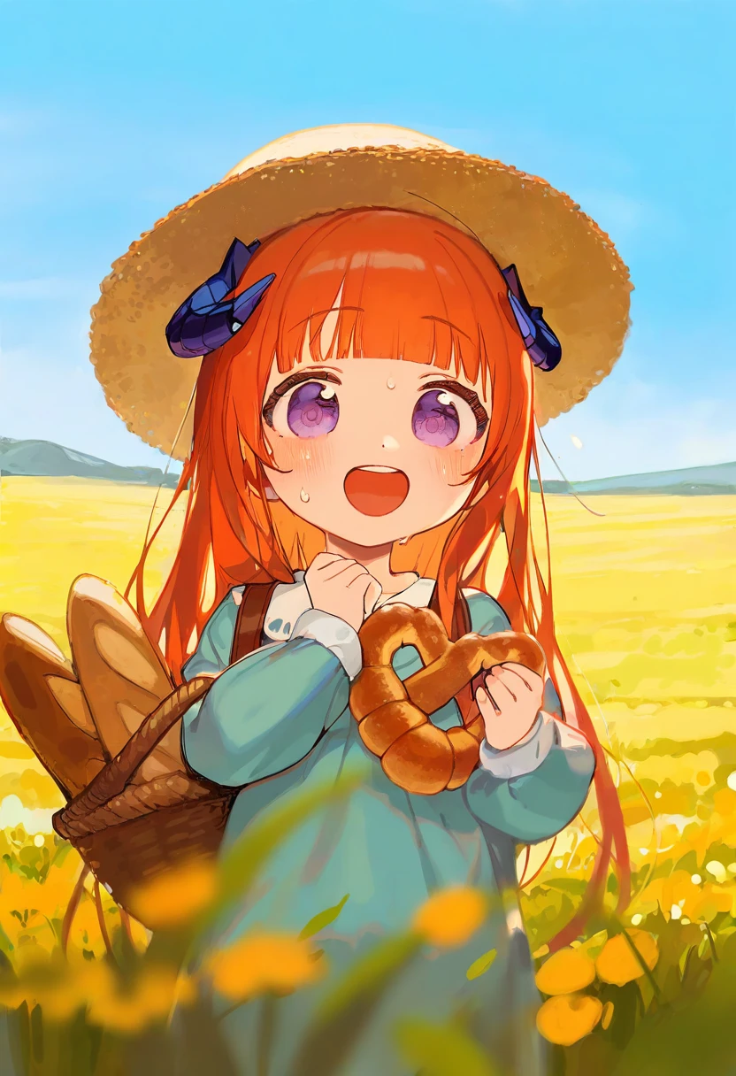 ((toddler)),henreader,ciloranko,[sho \(sho lwlw\)],[[tianliang duohe fangdongye]], - 1girl,bagpipe \(arknights\),arknights,baguette,blush,bread,croissant,holding basket,pretzel,upper body,straw hat,field,sky,laughing,sweat,sunlight,