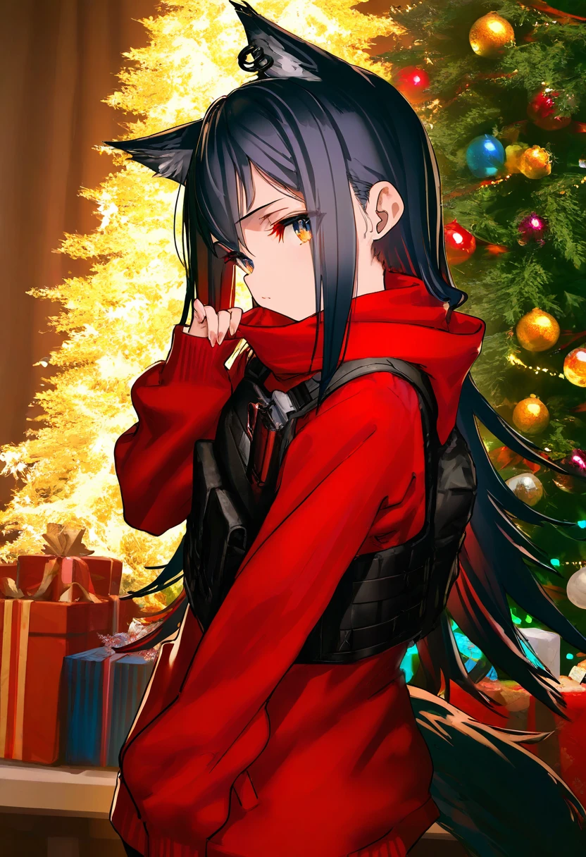 [kedama milk],mika pikazo,(reoen,tianliang duohe fangdongye),[ask \(aakzy\)],[As109], - 1girl,texas \(arknights\),arknights,underwear,tactical vest,christmas tree,christmas ornaments,