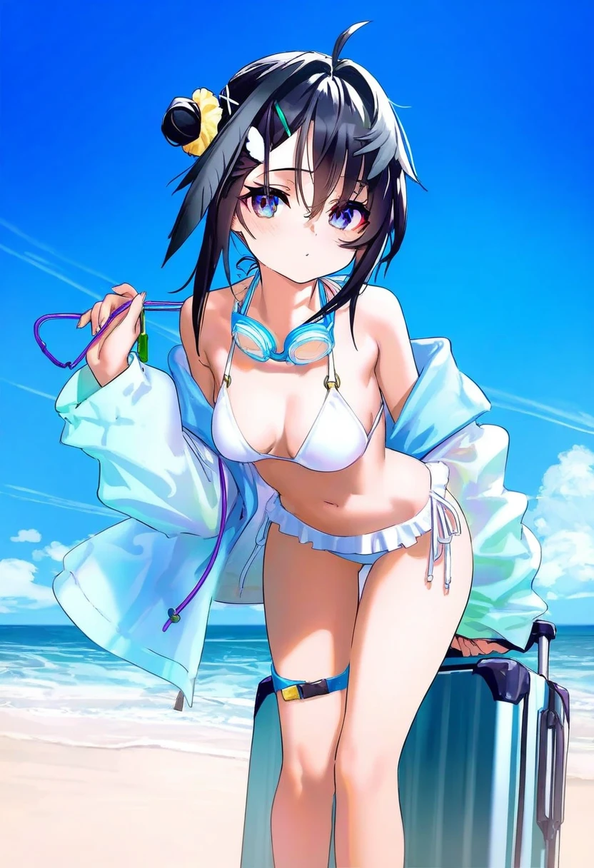 [kedama milk],mika pikazo,(reoen,tianliang duohe fangdongye),[ask \(aakzy\)],[As109], - 1girl,la pluma \(summer flowers\) \(arknights\),arknights,white bikini,outdoors,navel,day,sky,blue sky,beach,suitcase,looking at viewer,ocean,low-tied long hair,leaning forward,standing,holding,frills,hand up,bare shoulders,floating hair,
