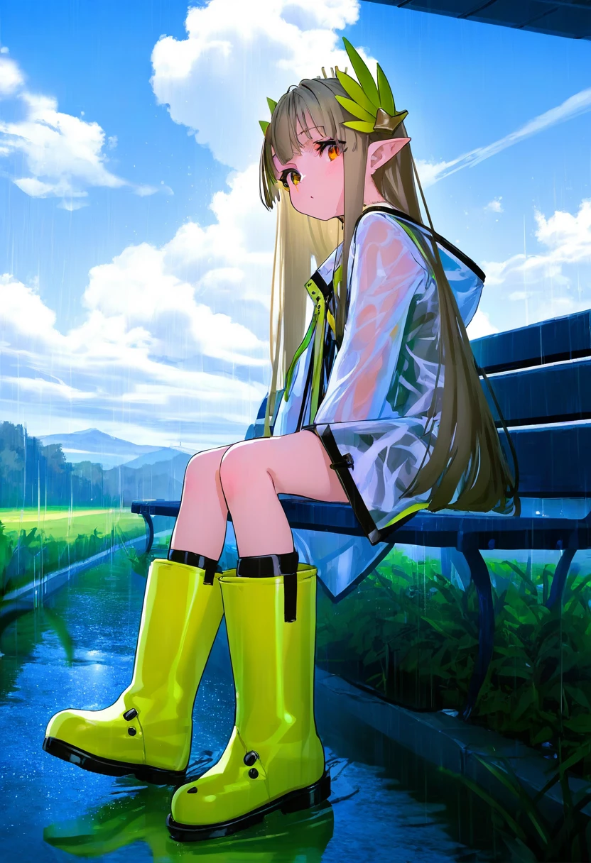 [kedama milk],mika pikazo,(reoen,tianliang duohe fangdongye),[ask \(aakzy\)],[As109], - 1girl,muelsyse \(arknights\),arknights,cloudy sky,grass,on bench,outdoors,rain,road,yellow rubber boots,see-through coat,sitting,transparent raincoat,water drop,