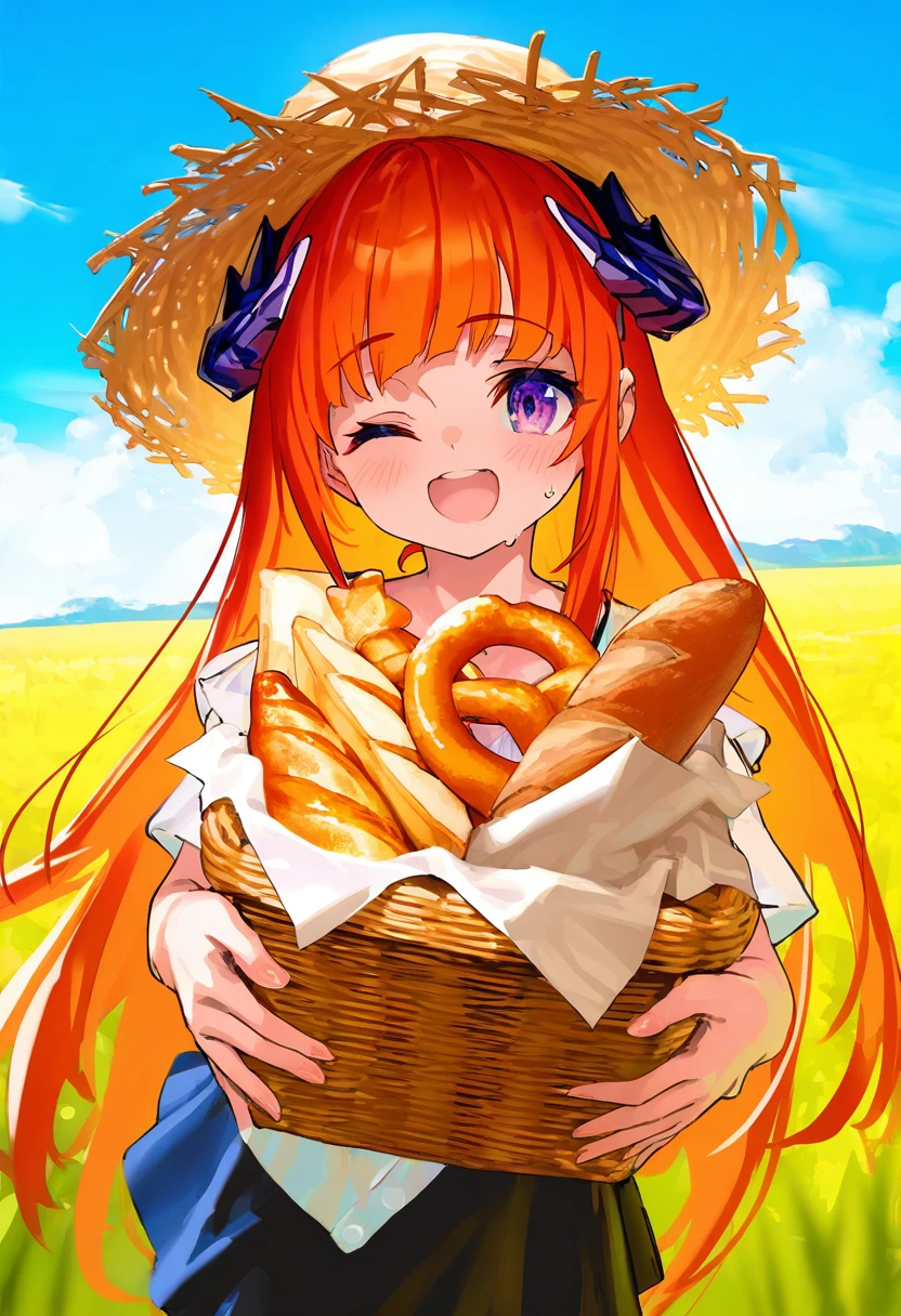 [kedama milk],mika pikazo,(reoen,tianliang duohe fangdongye),[ask \(aakzy\)],[As109], - 1girl,bagpipe \(arknights\),arknights,baguette,blush,bread,croissant,holding basket,pretzel,upper body,straw hat,field,sky,laughing,sweat,sunlight,