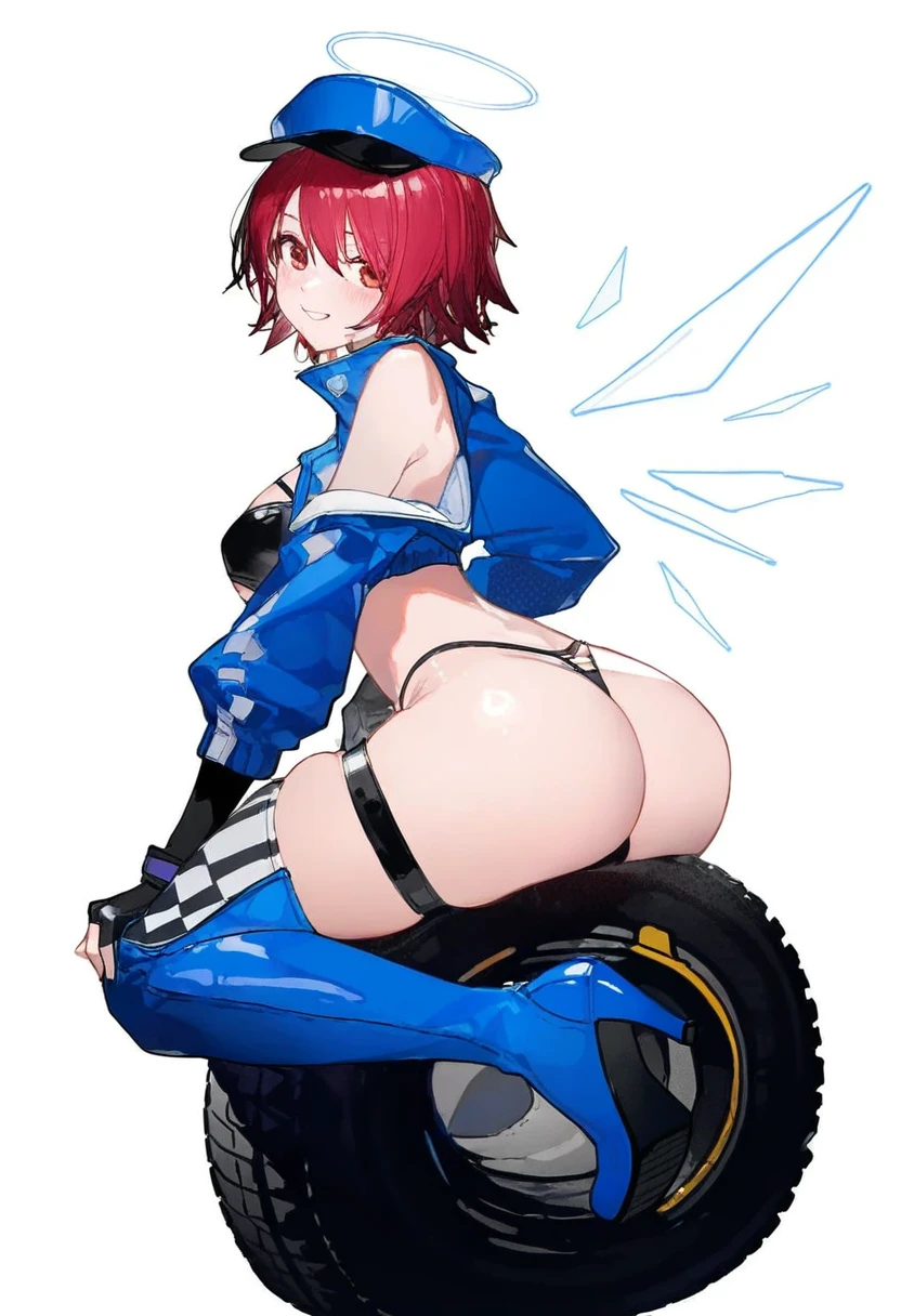 yushe quetzalli,ciloranko, - 1girl,exusiai \(arknights\),arknights,black gloves,black panties,blue thigh boots,blue hat,blue jacket,long sleeves,race queen,thigh strap,thong,single bare shoulder,skindentation,tire,