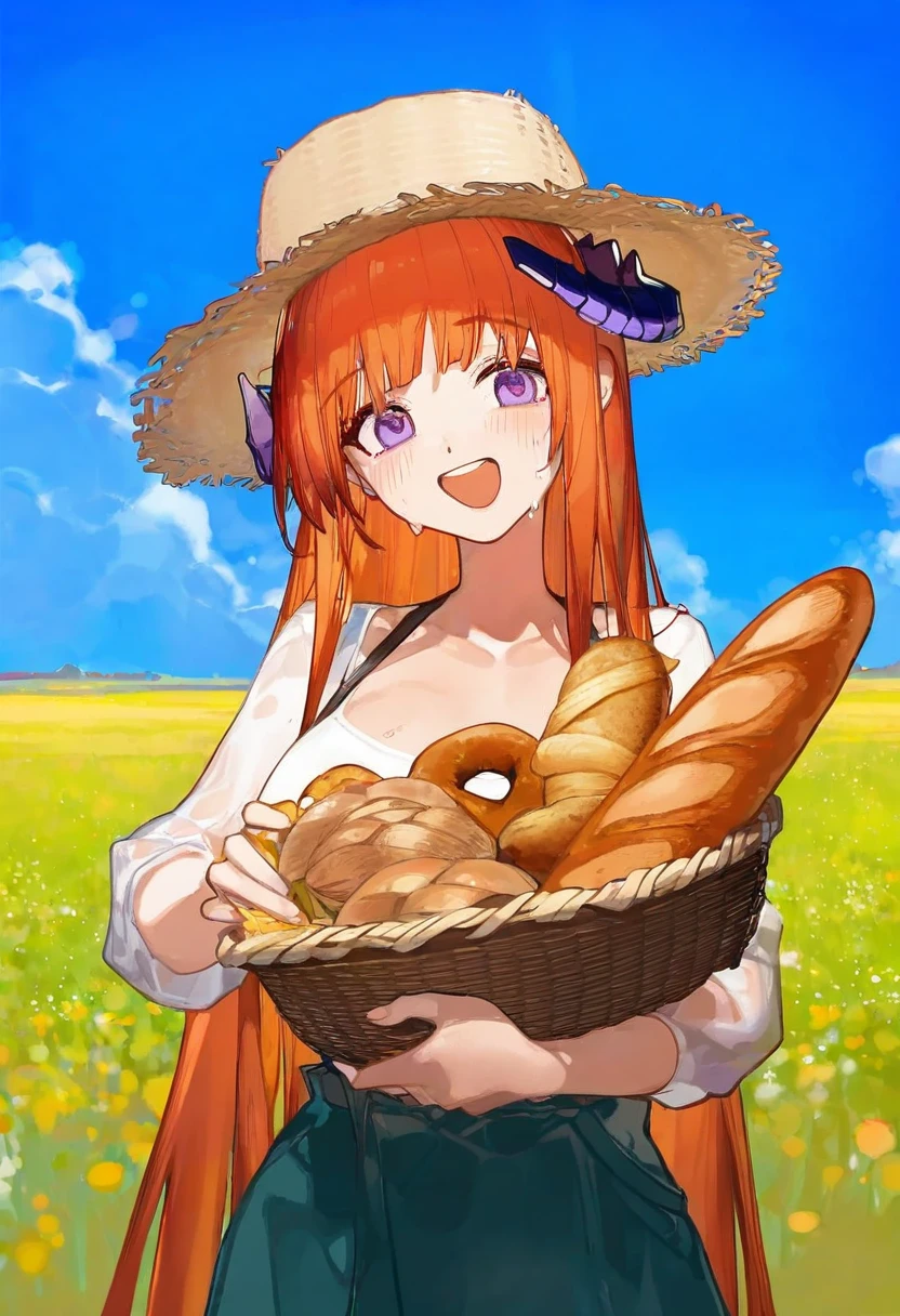 yushe quetzalli,ciloranko, - 1girl,bagpipe \(arknights\),arknights,baguette,blush,bread,croissant,holding basket,pretzel,upper body,straw hat,field,sky,laughing,sweat,sunlight,