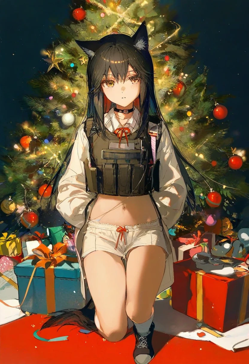 (((yoneyama mai))),(artist ciloranko),zhibuji loom,[[[fuzichoco]]],((rella,konya karasue)),(hagimorijia),wlop, - 1girl,texas \(arknights\),arknights,underwear,tactical vest,christmas tree,christmas ornaments,