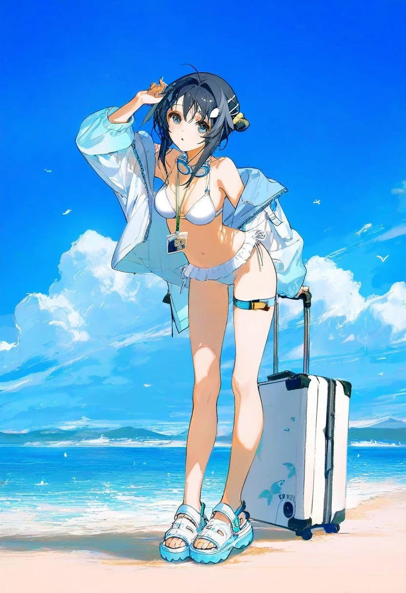 (((yoneyama mai))),(artist ciloranko),zhibuji loom,[[[fuzichoco]]],((rella,konya karasue)),(hagimorijia),wlop, - 1girl,la pluma \(summer flowers\) \(arknights\),arknights,white bikini,outdoors,navel,day,sky,blue sky,beach,suitcase,looking at viewer,ocean,low-tied long hair,leaning forward,standing,holding,frills,hand up,bare shoulders,floating hair,
