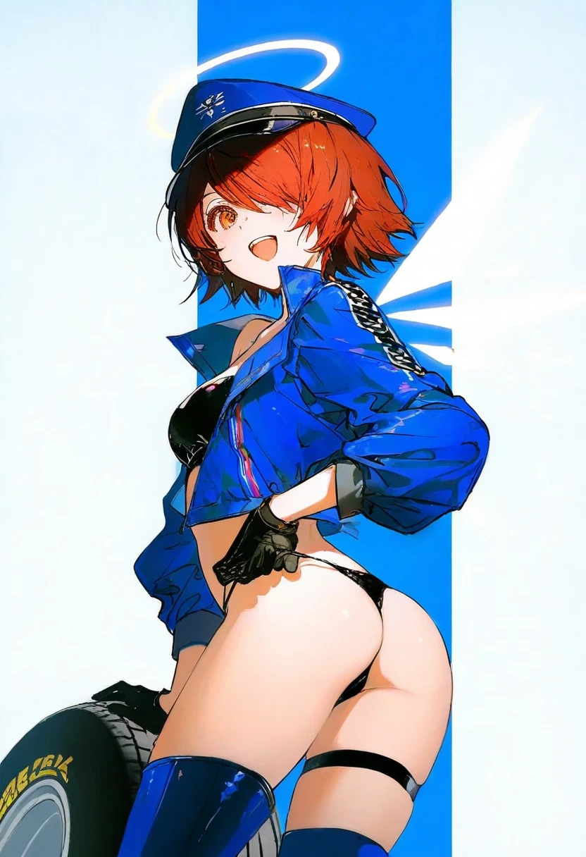 (((yoneyama mai))),(artist ciloranko),zhibuji loom,[[[fuzichoco]]],((rella,konya karasue)),(hagimorijia),wlop, - 1girl,exusiai \(arknights\),arknights,black gloves,black panties,blue thigh boots,blue hat,blue jacket,long sleeves,race queen,thigh strap,thong,single bare shoulder,skindentation,tire,