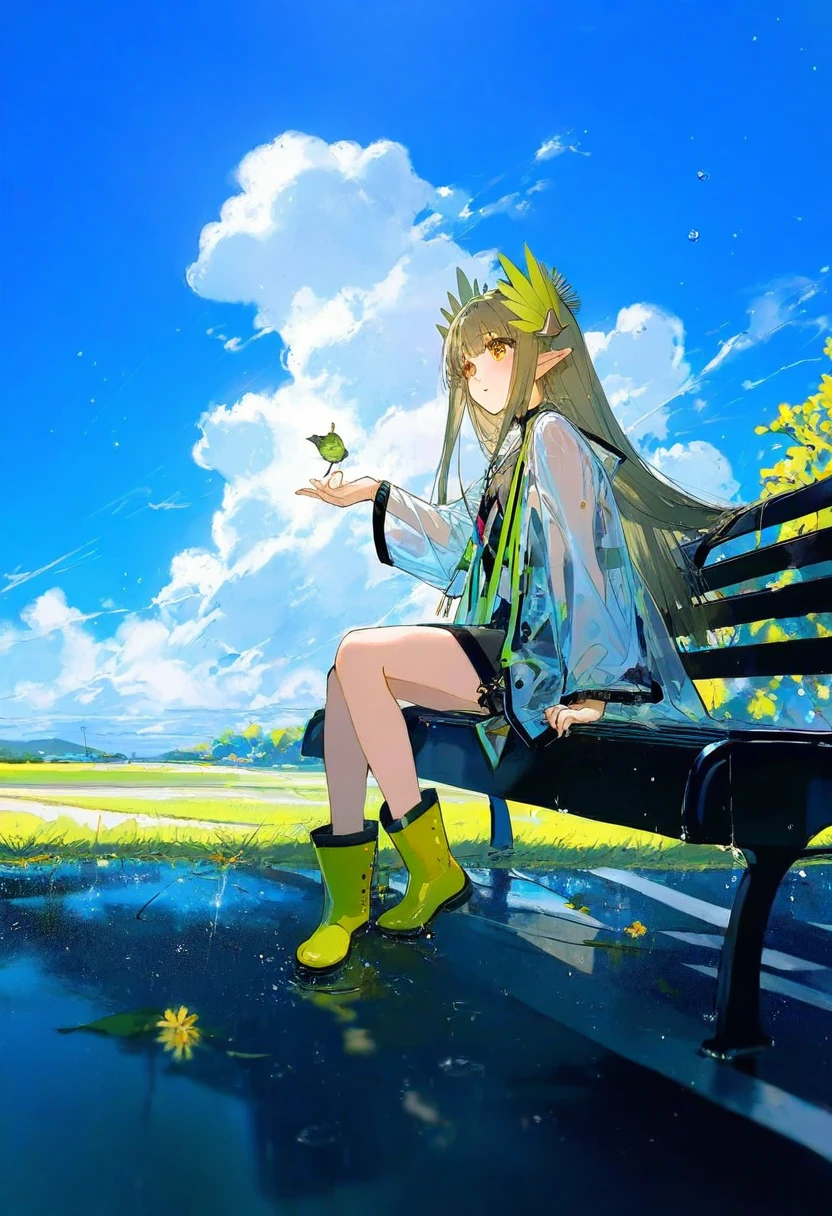 (((yoneyama mai))),(artist ciloranko),zhibuji loom,[[[fuzichoco]]],((rella,konya karasue)),(hagimorijia),wlop, - 1girl,muelsyse \(arknights\),arknights,cloudy sky,grass,on bench,outdoors,rain,road,yellow rubber boots,see-through coat,sitting,transparent raincoat,water drop,