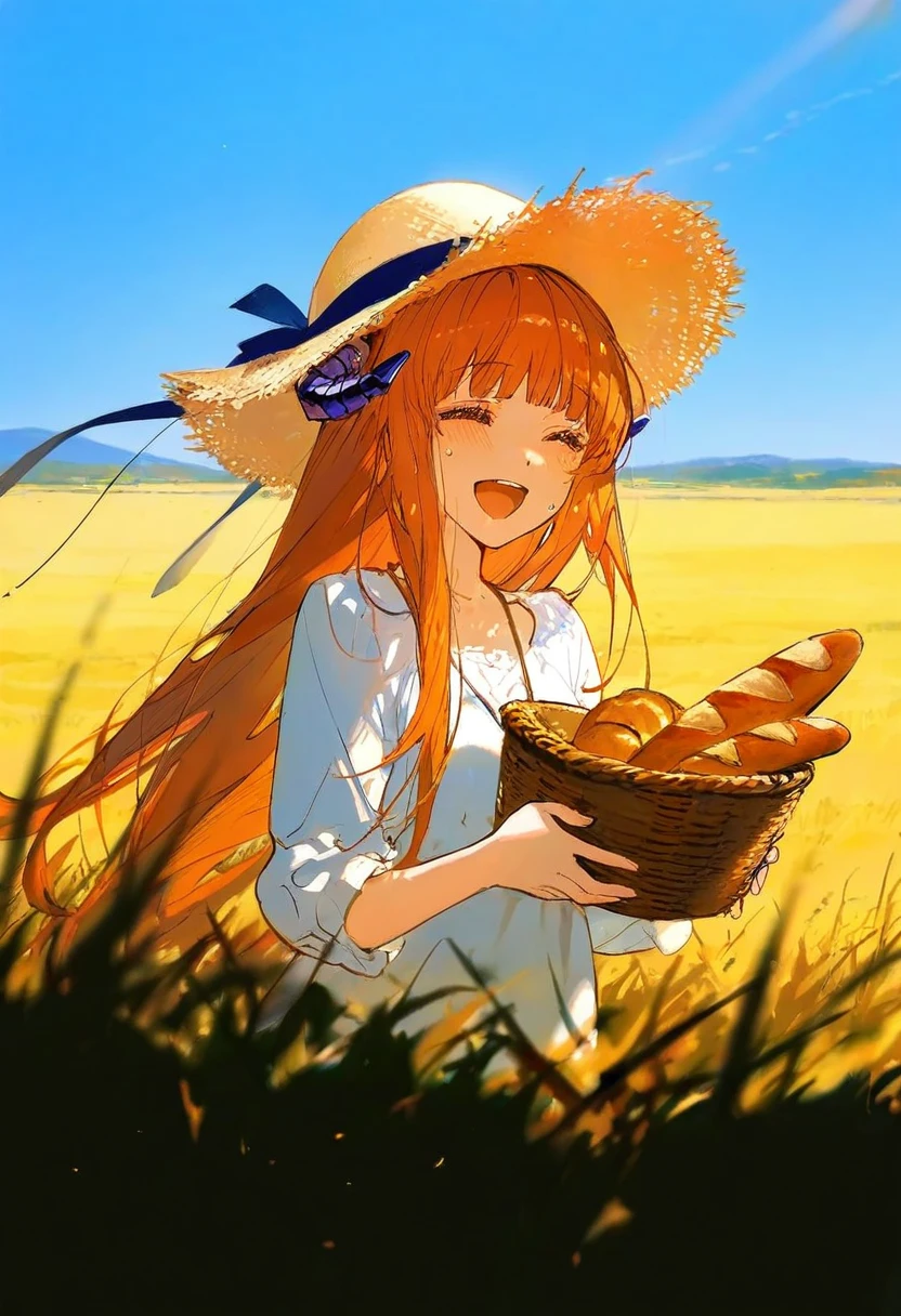 (((yoneyama mai))),(artist ciloranko),zhibuji loom,[[[fuzichoco]]],((rella,konya karasue)),(hagimorijia),wlop, - 1girl,bagpipe \(arknights\),arknights,baguette,blush,bread,croissant,holding basket,pretzel,upper body,straw hat,field,sky,laughing,sweat,sunlight,