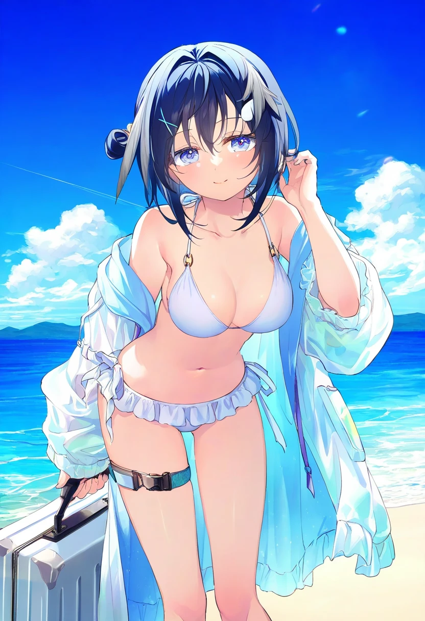 (toosaka asagi),asou \(asabu202\),fuzichoco,ogipote,[[piyodera mucha]],yamamomo \(plank\), - 1girl,la pluma \(summer flowers\) \(arknights\),arknights,white bikini,outdoors,navel,day,sky,blue sky,beach,suitcase,looking at viewer,ocean,low-tied long hair,leaning forward,standing,holding,frills,hand up,bare shoulders,floating hair,