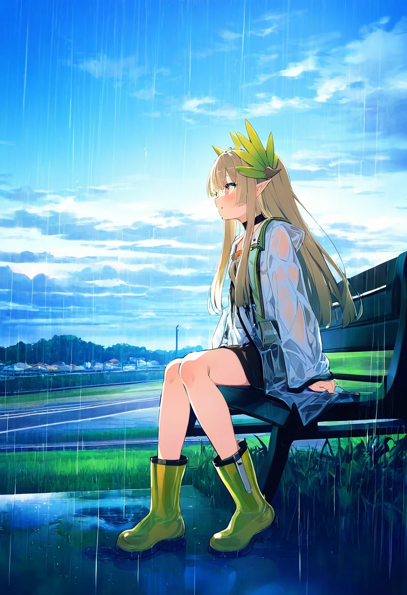 (toosaka asagi),asou \(asabu202\),fuzichoco,ogipote,[[piyodera mucha]],yamamomo \(plank\), - 1girl,muelsyse \(arknights\),arknights,cloudy sky,grass,on bench,outdoors,rain,road,yellow rubber boots,see-through coat,sitting,transparent raincoat,water drop,