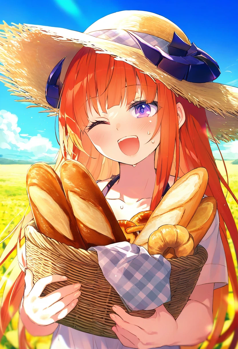 (toosaka asagi),asou \(asabu202\),fuzichoco,ogipote,[[piyodera mucha]],yamamomo \(plank\), - 1girl,bagpipe \(arknights\),arknights,baguette,blush,bread,croissant,holding basket,pretzel,upper body,straw hat,field,sky,laughing,sweat,sunlight,