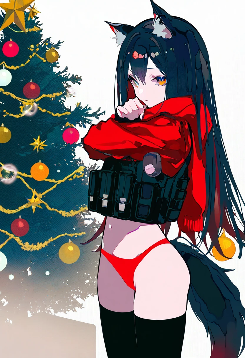 say hana,[[lam \(ramdayo\)]],[mochizuki kei],[[cierra \(ra-bit\)]], - 1girl,texas \(arknights\),arknights,underwear,tactical vest,christmas tree,christmas ornaments,
