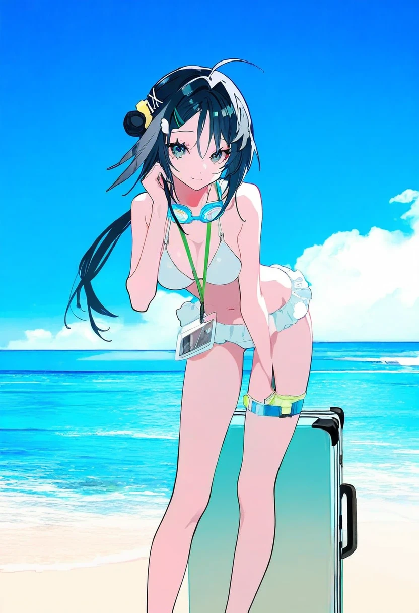 say hana,[[lam \(ramdayo\)]],[mochizuki kei],[[cierra \(ra-bit\)]], - 1girl,la pluma \(summer flowers\) \(arknights\),arknights,white bikini,outdoors,navel,day,sky,blue sky,beach,suitcase,looking at viewer,ocean,low-tied long hair,leaning forward,standing,holding,frills,hand up,bare shoulders,floating hair,