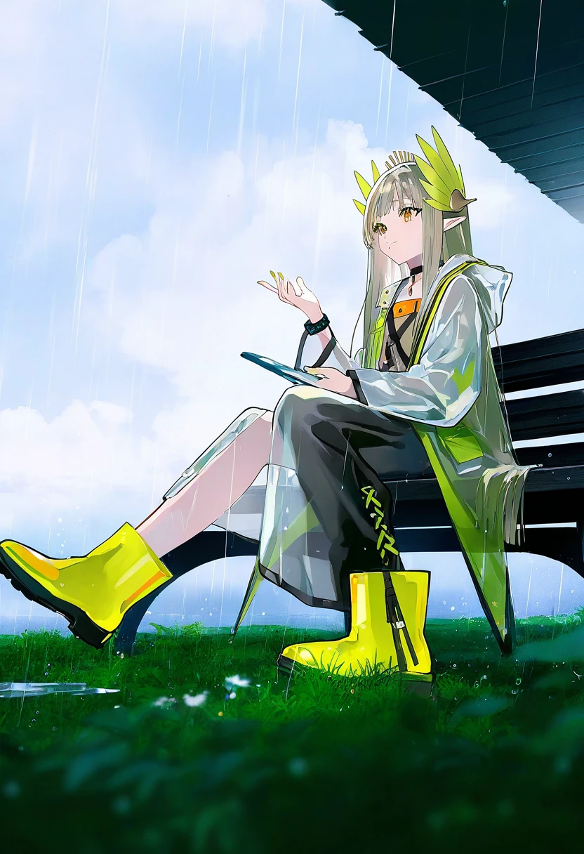 say hana,[[lam \(ramdayo\)]],[mochizuki kei],[[cierra \(ra-bit\)]], - 1girl,muelsyse \(arknights\),arknights,cloudy sky,grass,on bench,outdoors,rain,road,yellow rubber boots,see-through coat,sitting,transparent raincoat,water drop,