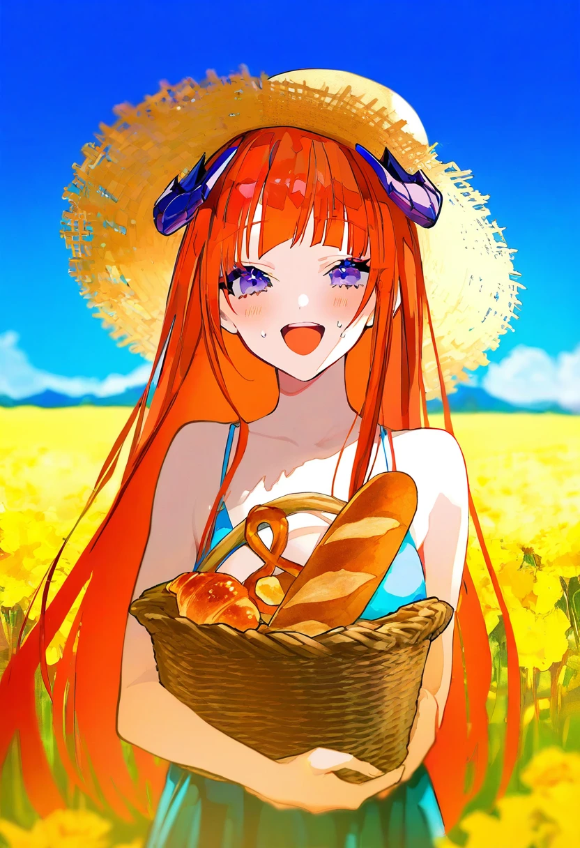 say hana,[[lam \(ramdayo\)]],[mochizuki kei],[[cierra \(ra-bit\)]], - 1girl,bagpipe \(arknights\),arknights,baguette,blush,bread,croissant,holding basket,pretzel,upper body,straw hat,field,sky,laughing,sweat,sunlight,