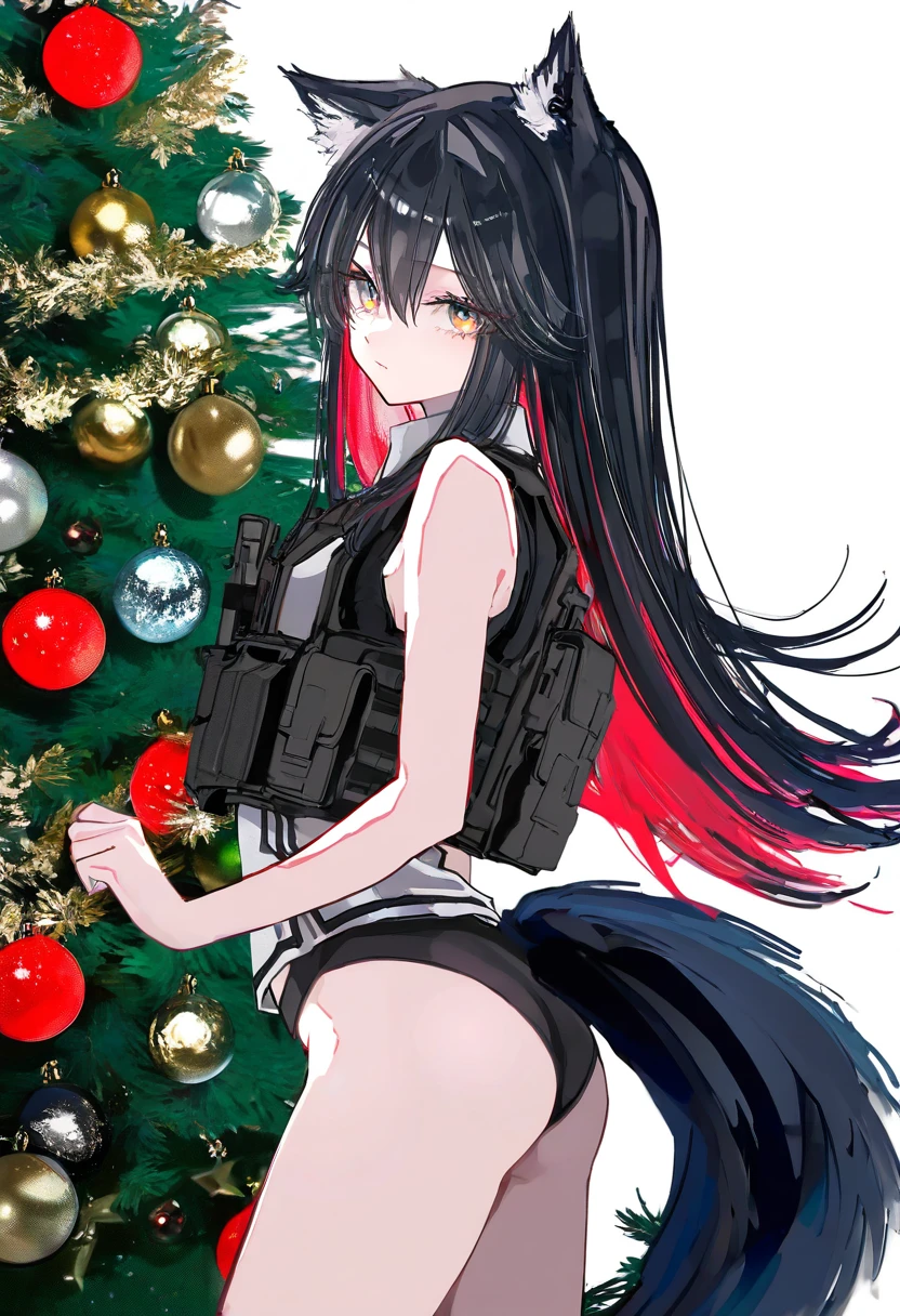 say hana,(sarasadou dan),[[lam \(ramdayo\)]],[mochizuki kei],[[cierra \(ra-bit\)]], - 1girl,texas \(arknights\),arknights,underwear,tactical vest,christmas tree,christmas ornaments,