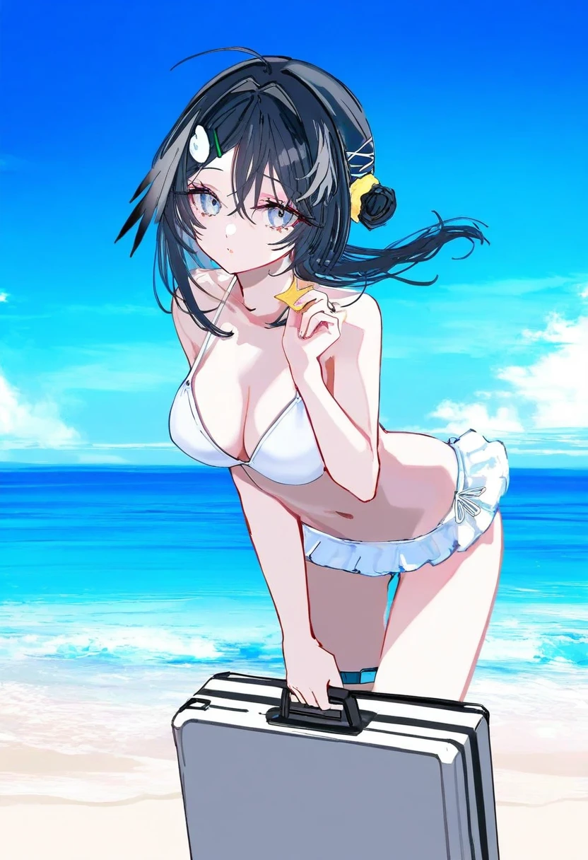 say hana,(sarasadou dan),[[lam \(ramdayo\)]],[mochizuki kei],[[cierra \(ra-bit\)]], - 1girl,la pluma \(summer flowers\) \(arknights\),arknights,white bikini,outdoors,navel,day,sky,blue sky,beach,suitcase,looking at viewer,ocean,low-tied long hair,leaning forward,standing,holding,frills,hand up,bare shoulders,floating hair,