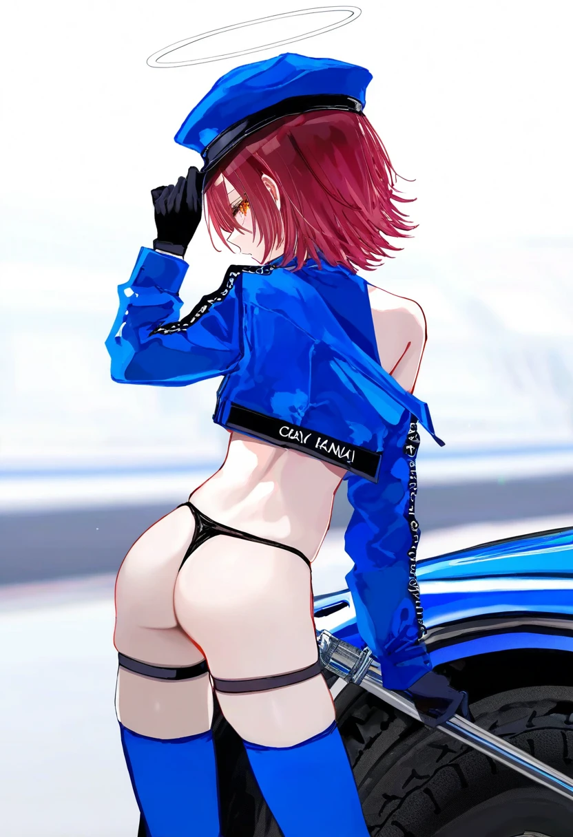 say hana,(sarasadou dan),[[lam \(ramdayo\)]],[mochizuki kei],[[cierra \(ra-bit\)]], - 1girl,exusiai \(arknights\),arknights,black gloves,black panties,blue thigh boots,blue hat,blue jacket,long sleeves,race queen,thigh strap,thong,single bare shoulder,skindentation,tire,