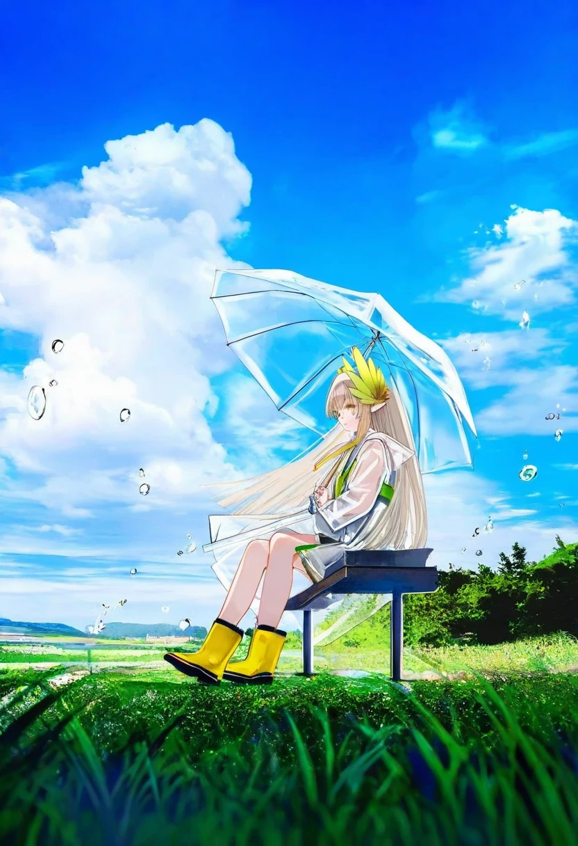 say hana,(sarasadou dan),[[lam \(ramdayo\)]],[mochizuki kei],[[cierra \(ra-bit\)]], - 1girl,muelsyse \(arknights\),arknights,cloudy sky,grass,on bench,outdoors,rain,road,yellow rubber boots,see-through coat,sitting,transparent raincoat,water drop,