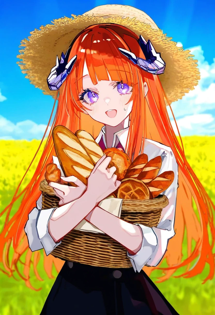 say hana,(sarasadou dan),[[lam \(ramdayo\)]],[mochizuki kei],[[cierra \(ra-bit\)]], - 1girl,bagpipe \(arknights\),arknights,baguette,blush,bread,croissant,holding basket,pretzel,upper body,straw hat,field,sky,laughing,sweat,sunlight,