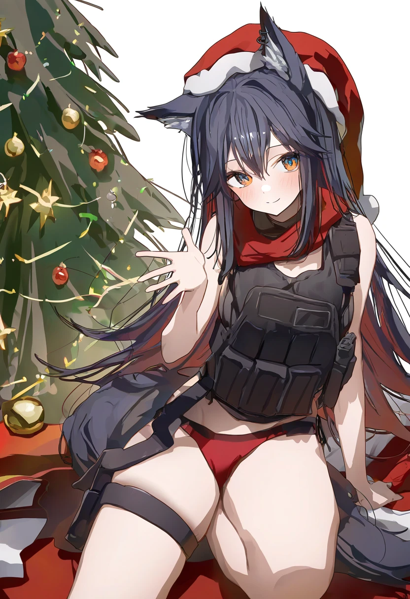 (shiina kuro),(ningen mame), - 1girl,texas \(arknights\),arknights,underwear,tactical vest,christmas tree,christmas ornaments,