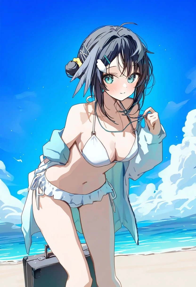 (shiina kuro),(ningen mame), - 1girl,la pluma \(summer flowers\) \(arknights\),arknights,white bikini,outdoors,navel,day,sky,blue sky,beach,suitcase,looking at viewer,ocean,low-tied long hair,leaning forward,standing,holding,frills,hand up,bare shoulders,floating hair,