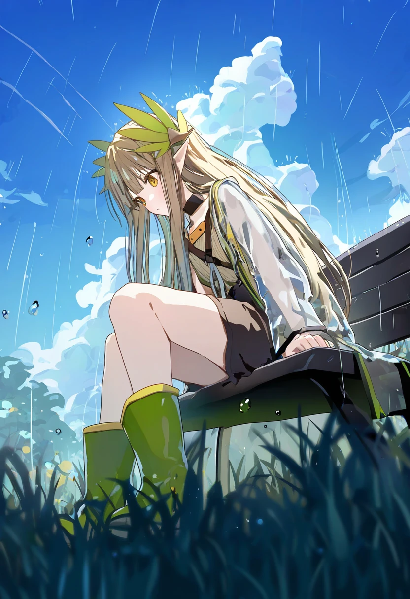 (shiina kuro),(ningen mame), - 1girl,muelsyse \(arknights\),arknights,cloudy sky,grass,on bench,outdoors,rain,road,yellow rubber boots,see-through coat,sitting,transparent raincoat,water drop,