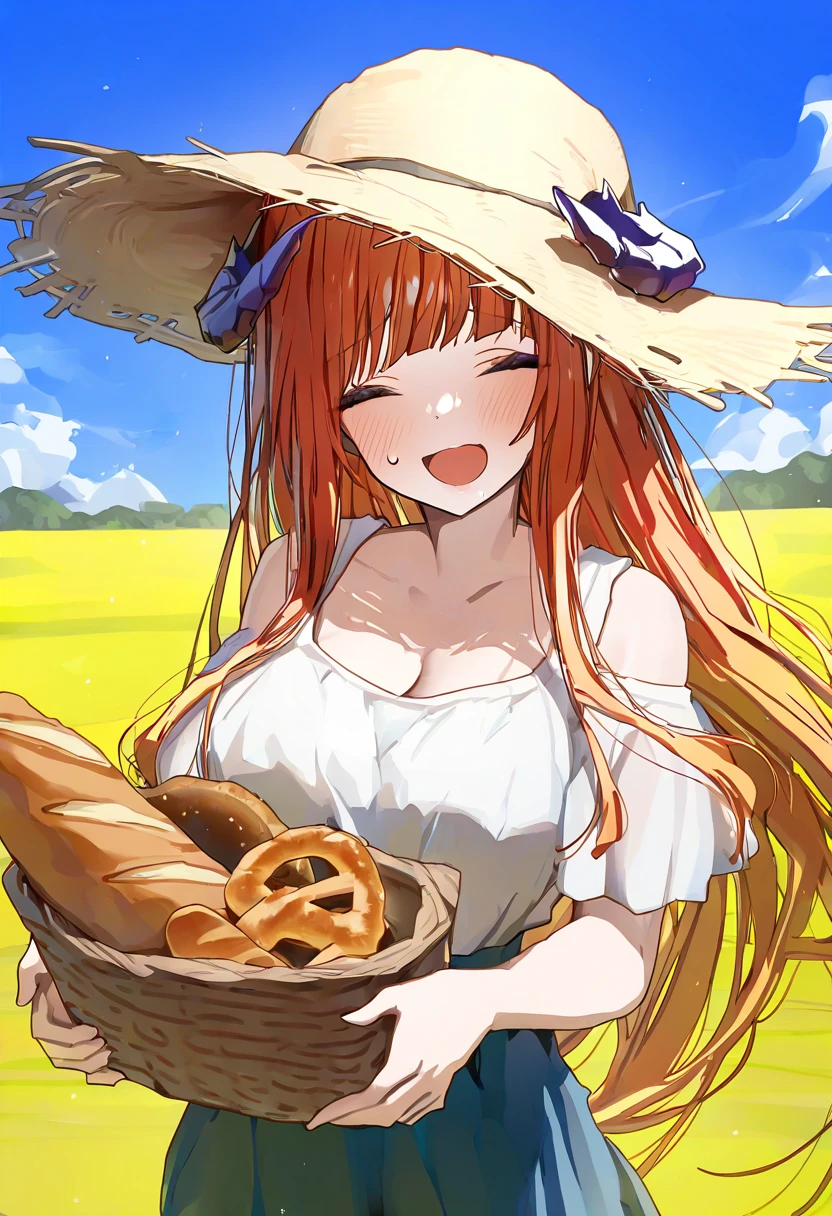 (shiina kuro),(ningen mame), - 1girl,bagpipe \(arknights\),arknights,baguette,blush,bread,croissant,holding basket,pretzel,upper body,straw hat,field,sky,laughing,sweat,sunlight,
