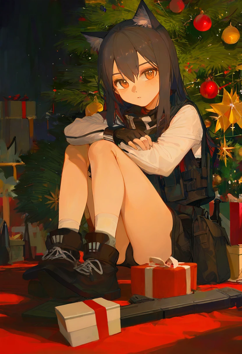 ((xilmo)),void 0,ciloranko,rei \(sanbonzakura\),[[[fkey,shion \(mirudakemann\)]]], - 1girl,texas \(arknights\),arknights,underwear,tactical vest,christmas tree,christmas ornaments,