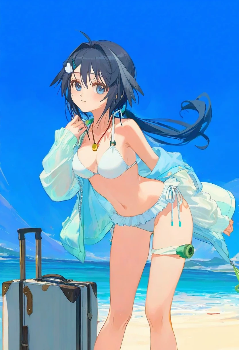 ((xilmo)),void 0,ciloranko,rei \(sanbonzakura\),[[[fkey,shion \(mirudakemann\)]]], - 1girl,la pluma \(summer flowers\) \(arknights\),arknights,white bikini,outdoors,navel,day,sky,blue sky,beach,suitcase,looking at viewer,ocean,low-tied long hair,leaning forward,standing,holding,frills,hand up,bare shoulders,floating hair,