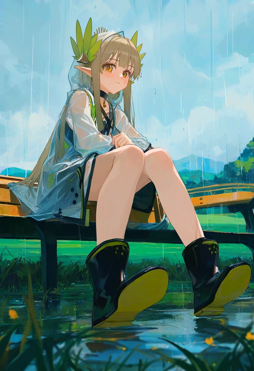 ((xilmo)),void 0,ciloranko,rei \(sanbonzakura\),[[[fkey,shion \(mirudakemann\)]]], - 1girl,muelsyse \(arknights\),arknights,cloudy sky,grass,on bench,outdoors,rain,road,yellow rubber boots,see-through coat,sitting,transparent raincoat,water drop,