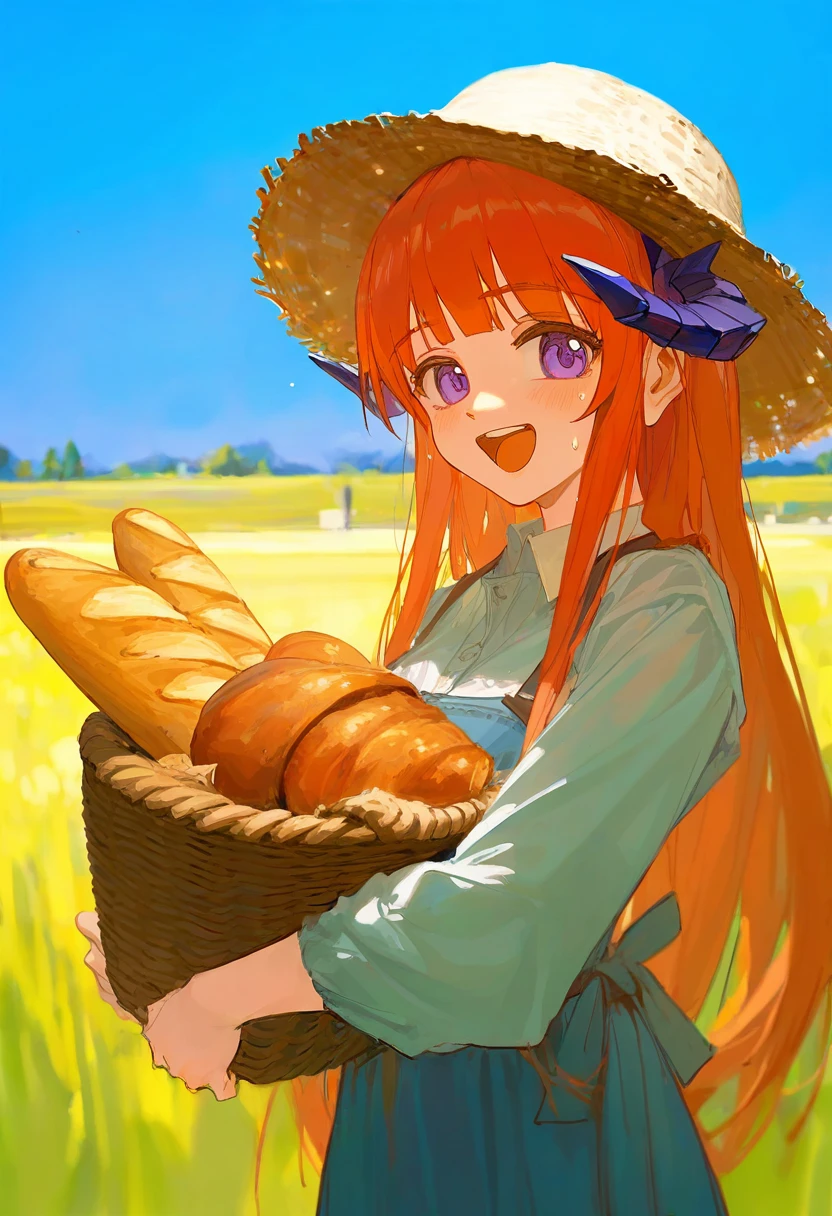 ((xilmo)),void 0,ciloranko,rei \(sanbonzakura\),[[[fkey,shion \(mirudakemann\)]]], - 1girl,bagpipe \(arknights\),arknights,baguette,blush,bread,croissant,holding basket,pretzel,upper body,straw hat,field,sky,laughing,sweat,sunlight,