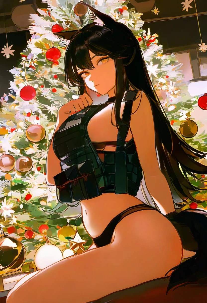 (john kafka),(yueko \(jiayue wu\)), - 1girl,texas \(arknights\),arknights,underwear,tactical vest,christmas tree,christmas ornaments,