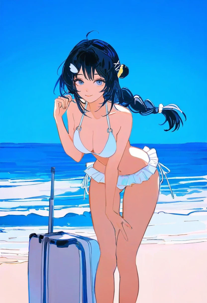 (john kafka),(yueko \(jiayue wu\)), - 1girl,la pluma \(summer flowers\) \(arknights\),arknights,white bikini,outdoors,navel,day,sky,blue sky,beach,suitcase,looking at viewer,ocean,low-tied long hair,leaning forward,standing,holding,frills,hand up,bare shoulders,floating hair,