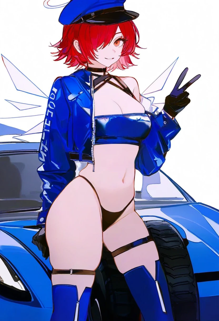 (john kafka),(yueko \(jiayue wu\)), - 1girl,exusiai \(arknights\),arknights,black gloves,black panties,blue thigh boots,blue hat,blue jacket,long sleeves,race queen,thigh strap,thong,single bare shoulder,skindentation,tire,