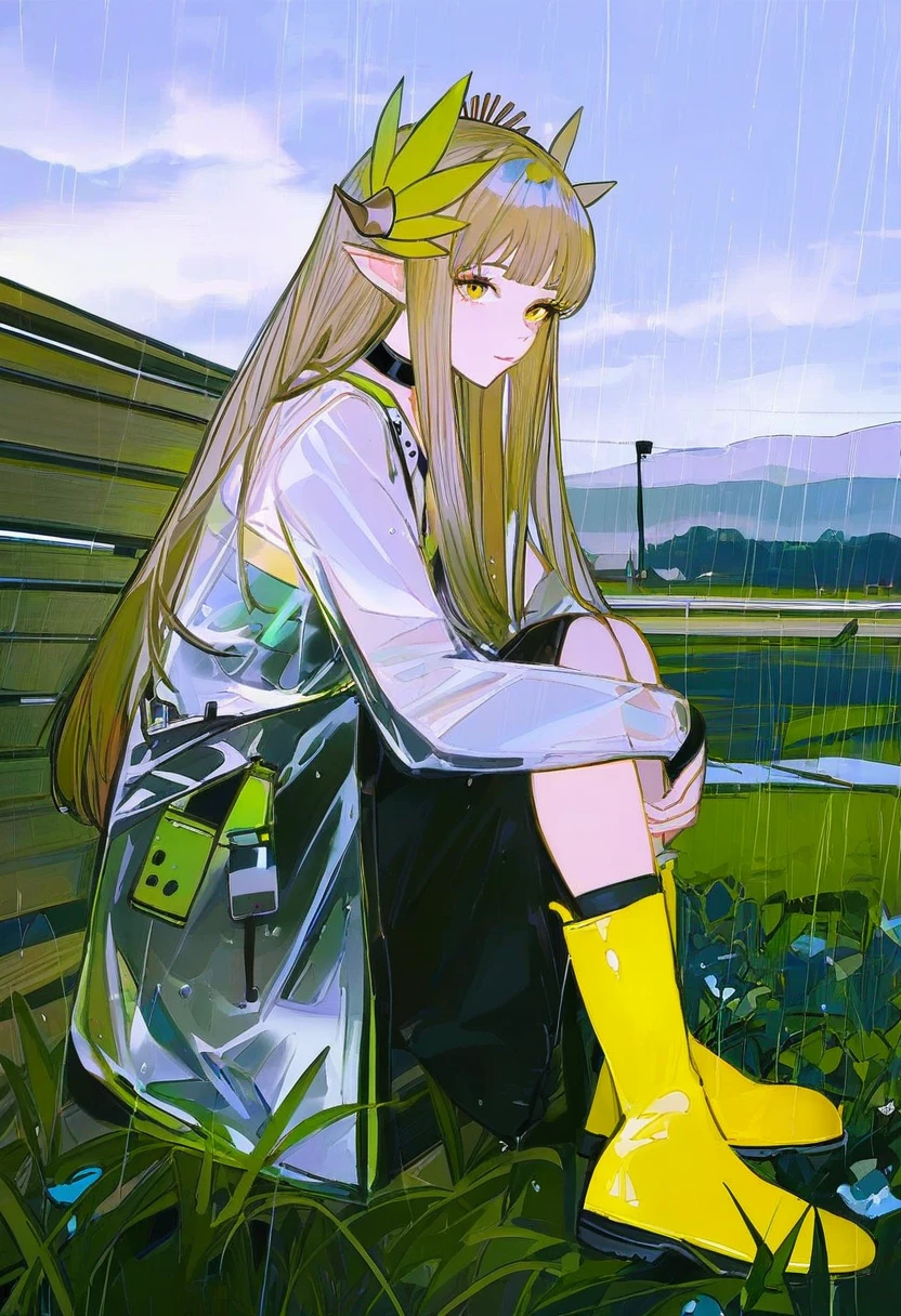 (john kafka),(yueko \(jiayue wu\)), - 1girl,muelsyse \(arknights\),arknights,cloudy sky,grass,on bench,outdoors,rain,road,yellow rubber boots,see-through coat,sitting,transparent raincoat,water drop,