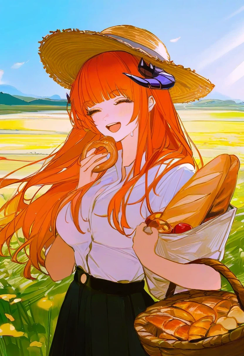 (john kafka),(yueko \(jiayue wu\)), - 1girl,bagpipe \(arknights\),arknights,baguette,blush,bread,croissant,holding basket,pretzel,upper body,straw hat,field,sky,laughing,sweat,sunlight,
