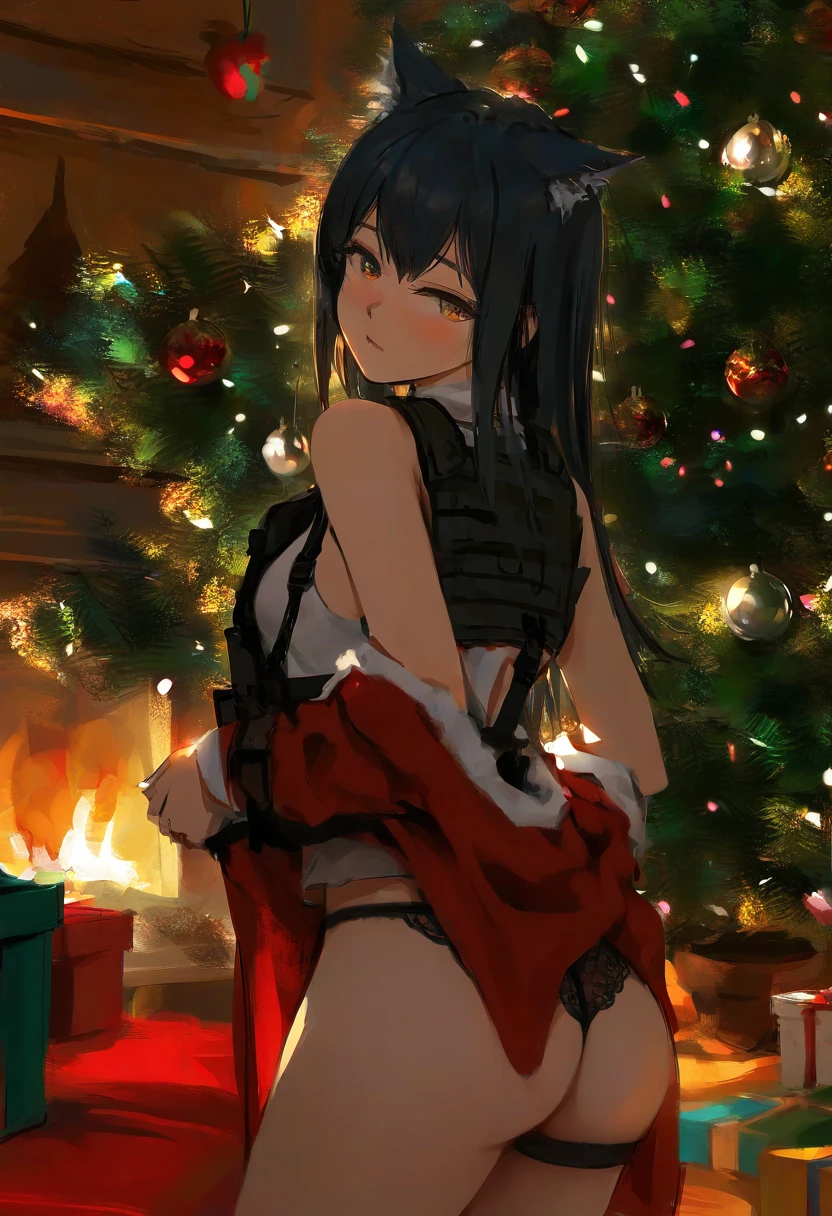 dungeon meshi,rurudo,miyuki \(miyuki0529\),konbu wakame,xilmo,wlop, - 1girl,texas \(arknights\),arknights,underwear,tactical vest,christmas tree,christmas ornaments,