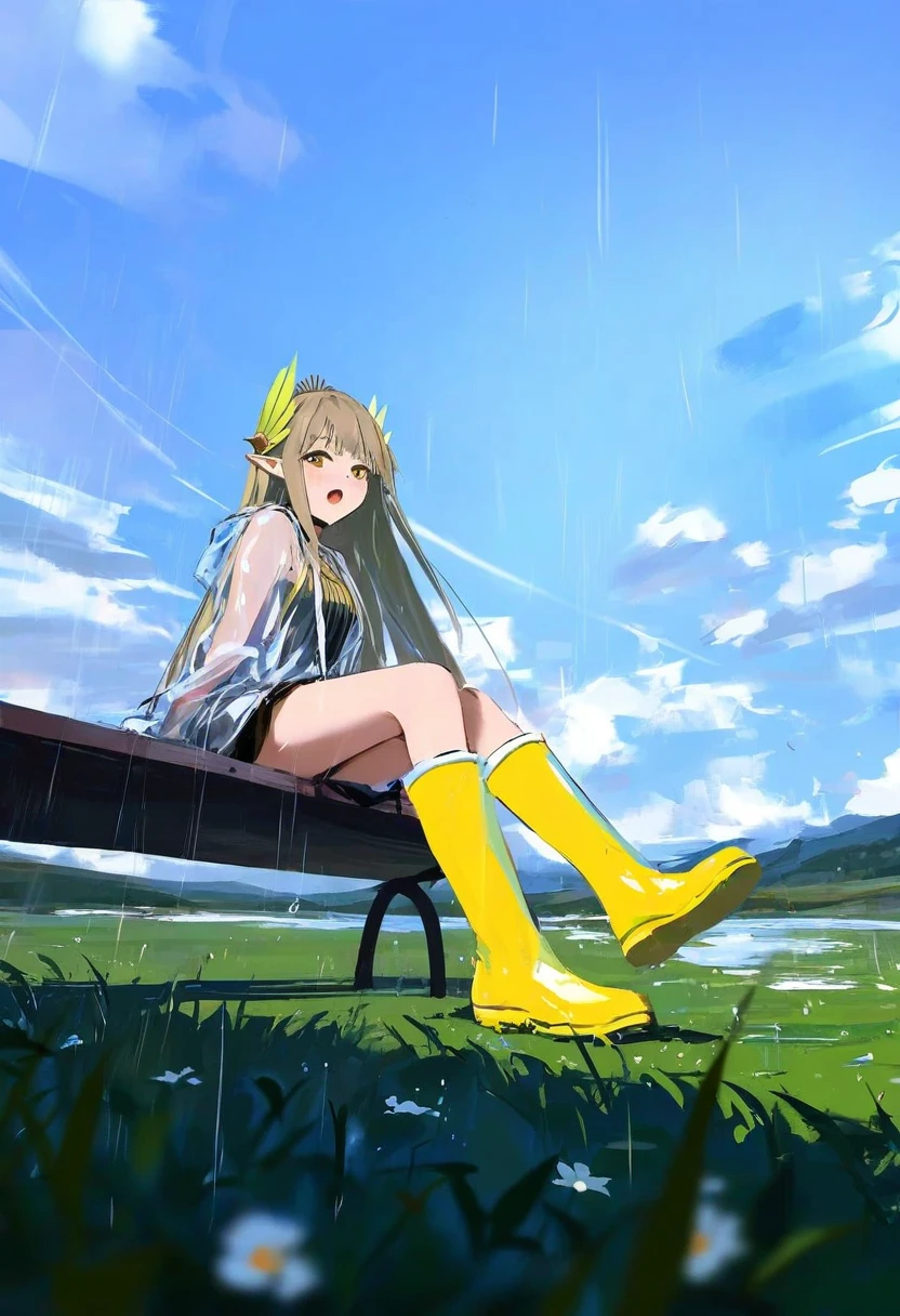 dungeon meshi,rurudo,miyuki \(miyuki0529\),konbu wakame,xilmo,wlop, - 1girl,muelsyse \(arknights\),arknights,cloudy sky,grass,on bench,outdoors,rain,road,yellow rubber boots,see-through coat,sitting,transparent raincoat,water drop,