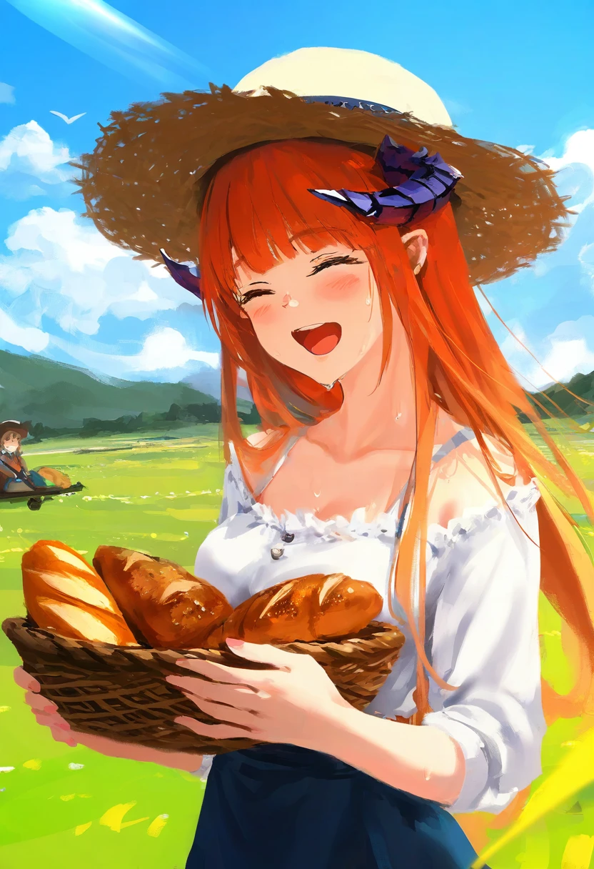 dungeon meshi,rurudo,miyuki \(miyuki0529\),konbu wakame,xilmo,wlop, - 1girl,bagpipe \(arknights\),arknights,baguette,blush,bread,croissant,holding basket,pretzel,upper body,straw hat,field,sky,laughing,sweat,sunlight,