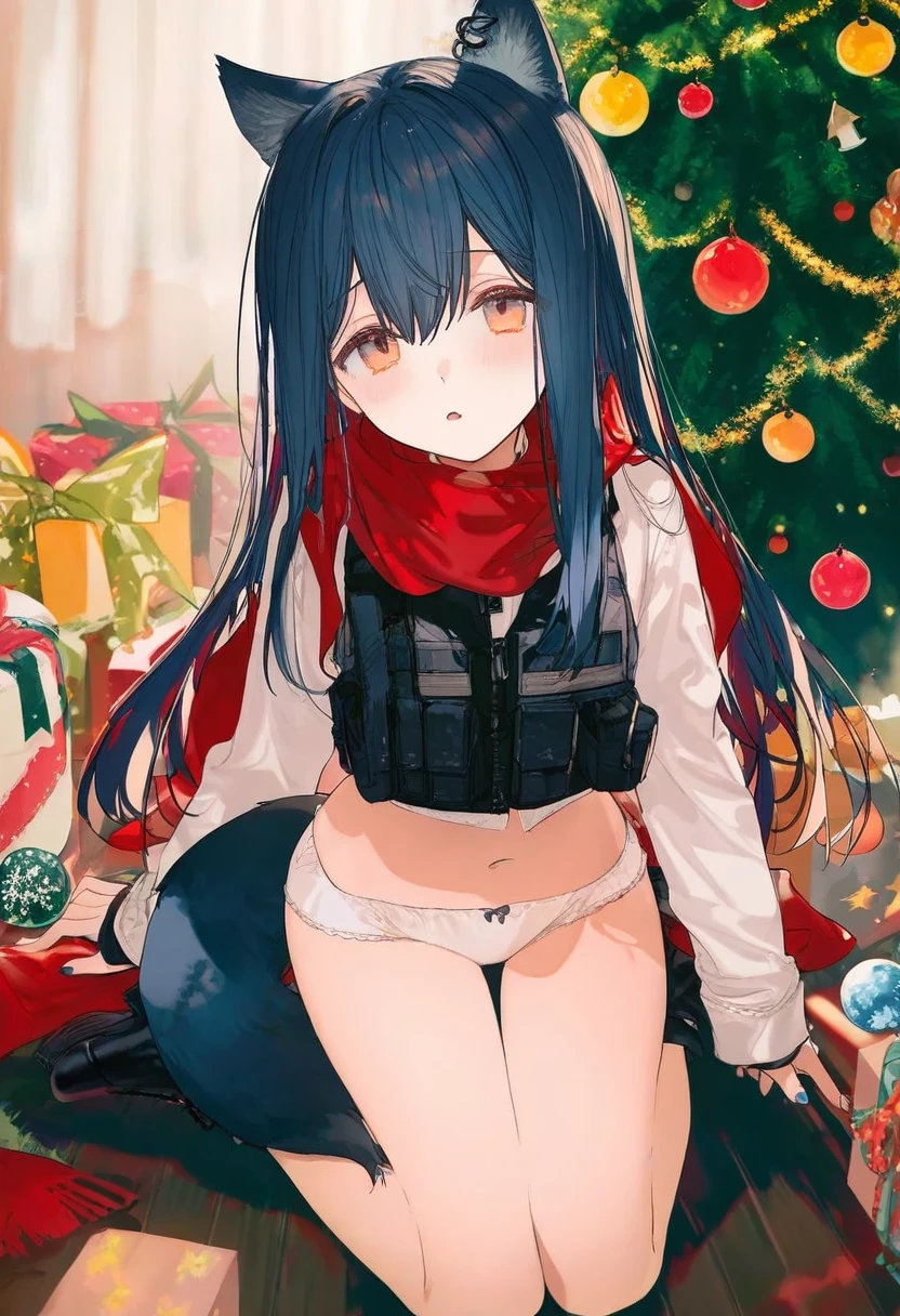 [kurumi \(recycllamo\)],[mika pikazo],[ciloranko],kazutake hazano,[kedama milk],[hagi \(ame hagi\)],[ask \(askzy\)],wanke,fujiyama, - 1girl,texas \(arknights\),arknights,underwear,tactical vest,christmas tree,christmas ornaments,