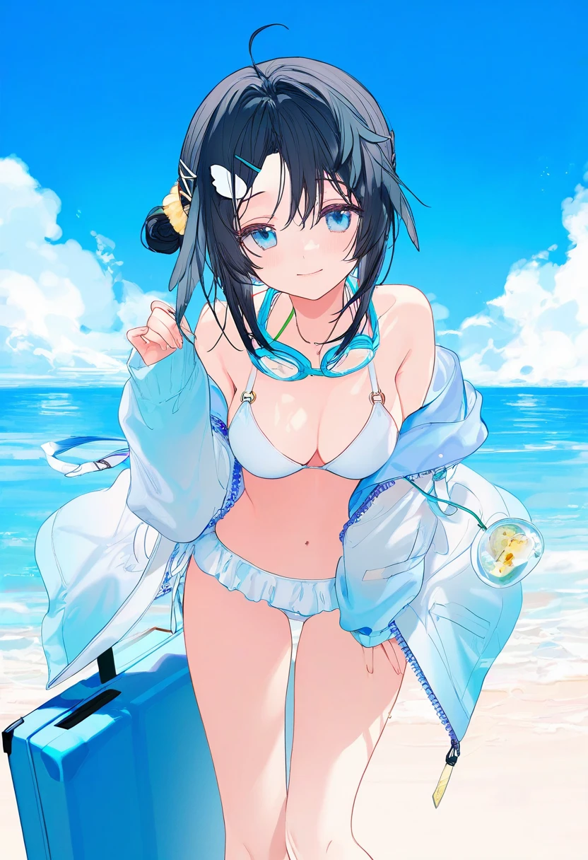 [kurumi \(recycllamo\)],[mika pikazo],[ciloranko],kazutake hazano,[kedama milk],[hagi \(ame hagi\)],[ask \(askzy\)],wanke,fujiyama, - 1girl,la pluma \(summer flowers\) \(arknights\),arknights,white bikini,outdoors,navel,day,sky,blue sky,beach,suitcase,looking at viewer,ocean,low-tied long hair,leaning forward,standing,holding,frills,hand up,bare shoulders,floating hair,