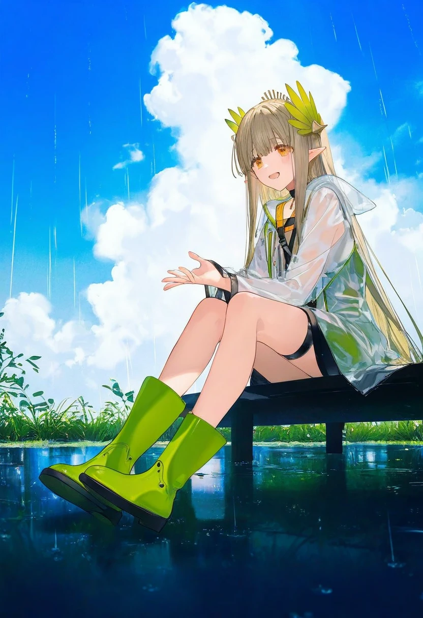 [kurumi \(recycllamo\)],[mika pikazo],[ciloranko],kazutake hazano,[kedama milk],[hagi \(ame hagi\)],[ask \(askzy\)],wanke,fujiyama, - 1girl,muelsyse \(arknights\),arknights,cloudy sky,grass,on bench,outdoors,rain,road,yellow rubber boots,see-through coat,sitting,transparent raincoat,water drop,