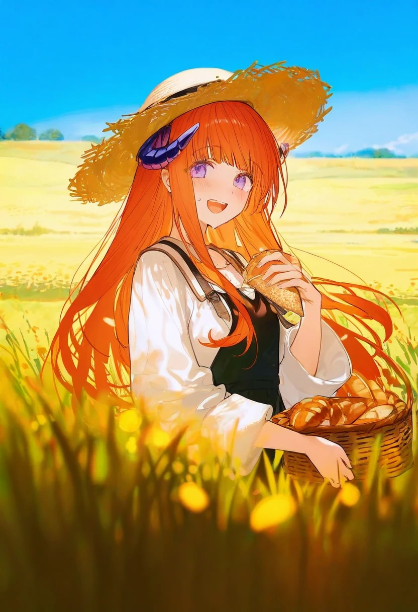 [kurumi \(recycllamo\)],[mika pikazo],[ciloranko],kazutake hazano,[kedama milk],[hagi \(ame hagi\)],[ask \(askzy\)],wanke,fujiyama, - 1girl,bagpipe \(arknights\),arknights,baguette,blush,bread,croissant,holding basket,pretzel,upper body,straw hat,field,sky,laughing,sweat,sunlight,