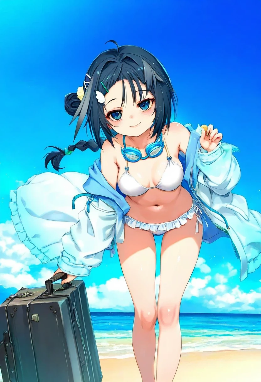 ((hitomaru)),[menyoujan,chen bin],[[tsubasa tsubasa]],[[[kedama milk,redrop]]],[[[[[aki99]]]]], - 1girl,la pluma \(summer flowers\) \(arknights\),arknights,white bikini,outdoors,navel,day,sky,blue sky,beach,suitcase,looking at viewer,ocean,low-tied long hair,leaning forward,standing,holding,frills,hand up,bare shoulders,floating hair,